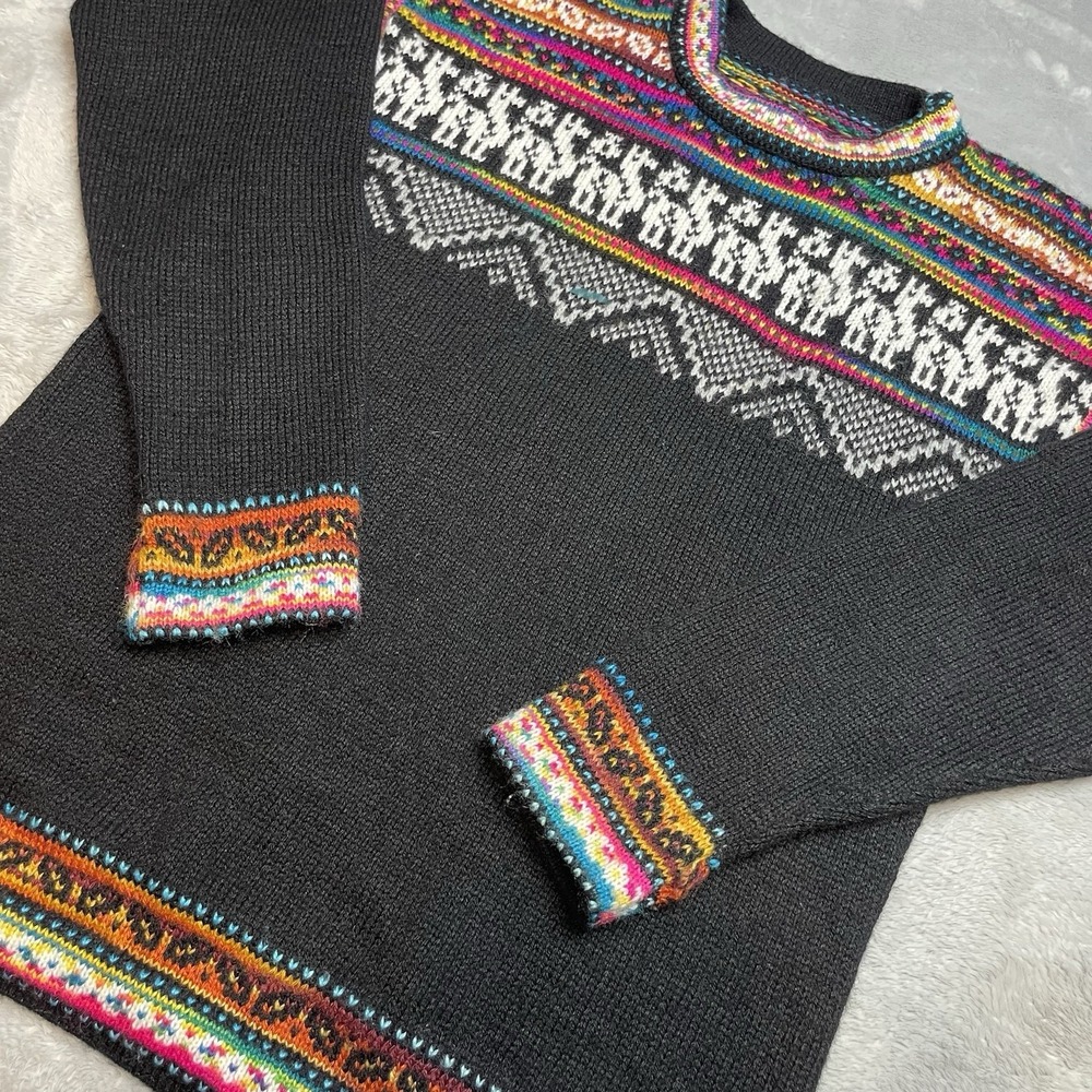 Womens Colorful Peruvian Llama Knit Sweater Size S Black Fair Isle Alpaca Blend
